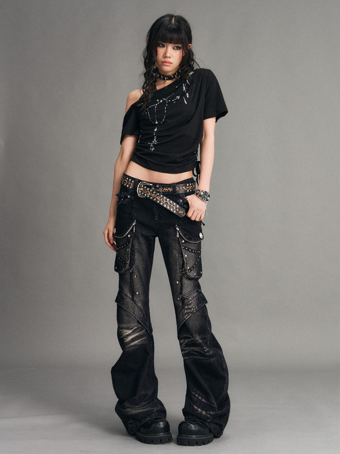 Frustration Garden Punk Washed 3d Pocket Micro Flare Low Rise Women&