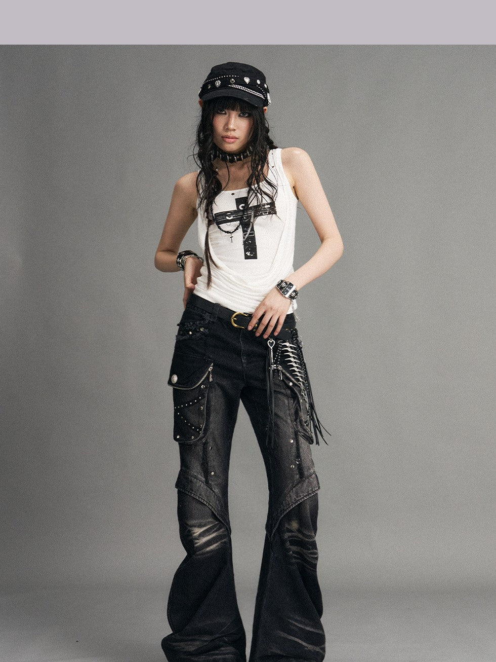 Frustration Garden Punk Washed 3d Pocket Micro Flare Low Rise Women&