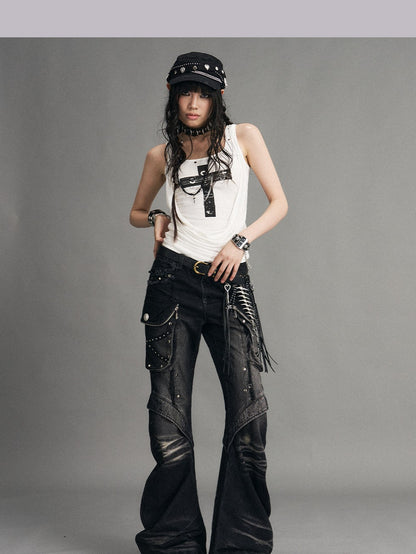 Frustration Garden Punk Washed 3d Pocket Micro Flare Low Rise Women&