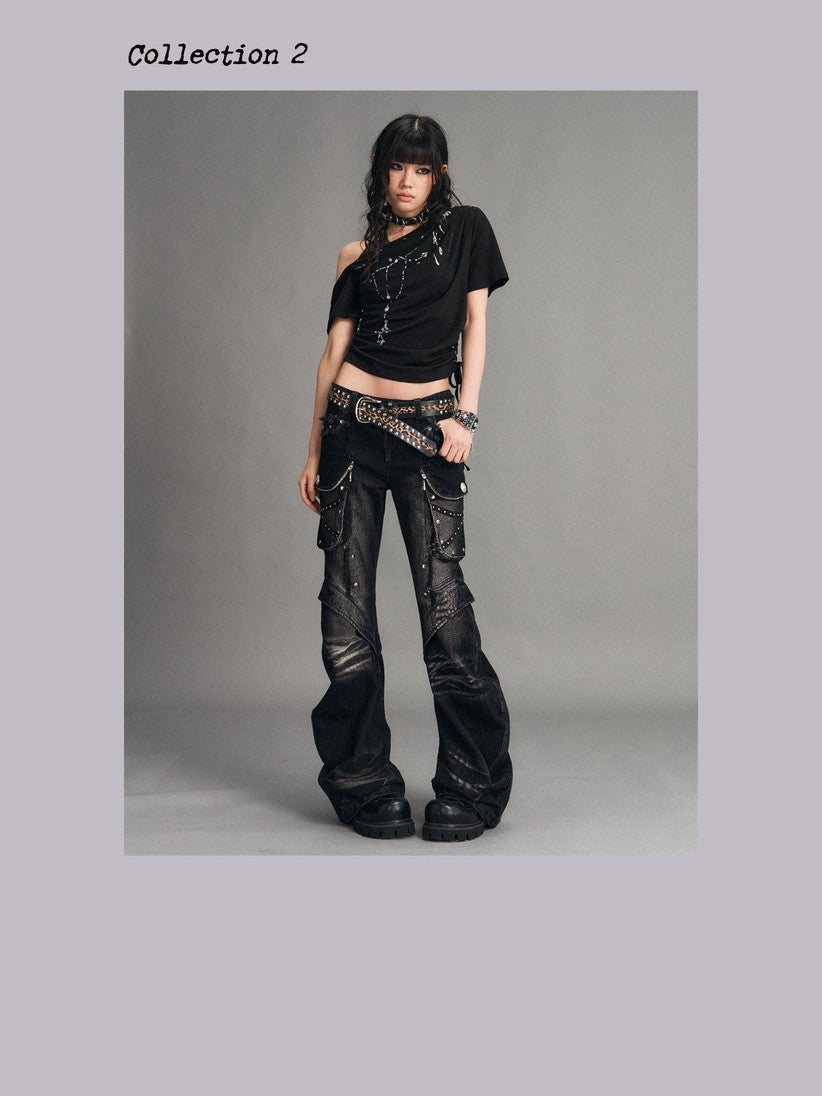 Frustration Garden Punk Washed 3d Pocket Micro Flare Low Rise Women&