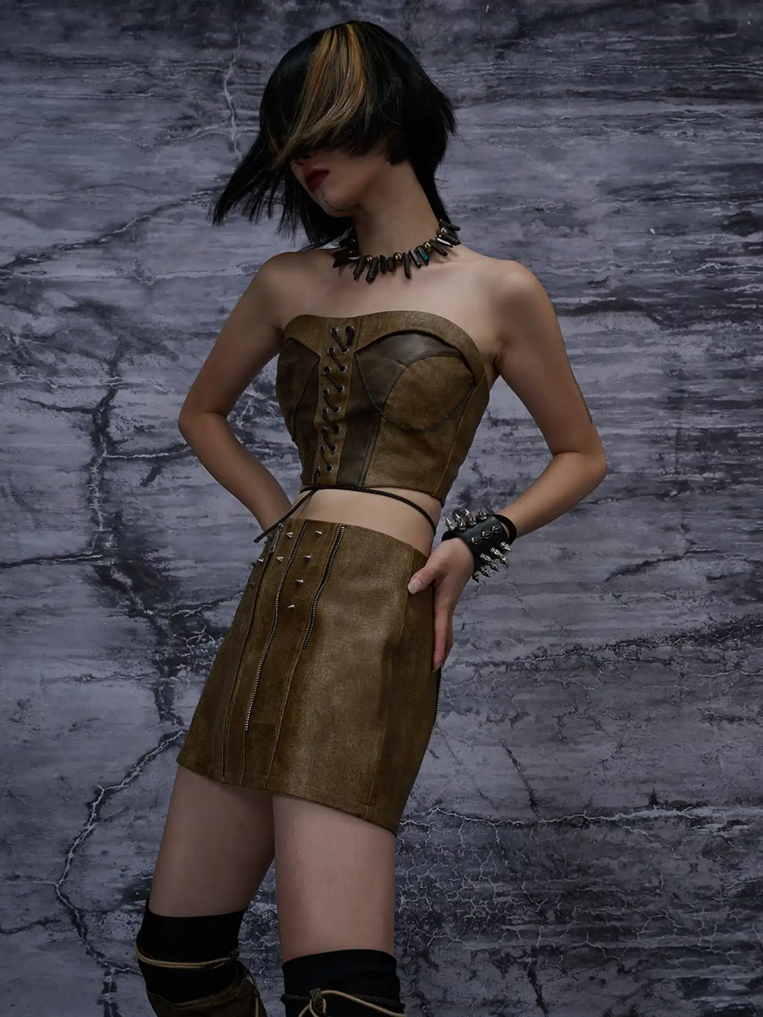 Frustration Garden Punk Wasteland Distressed Pu Corset Top