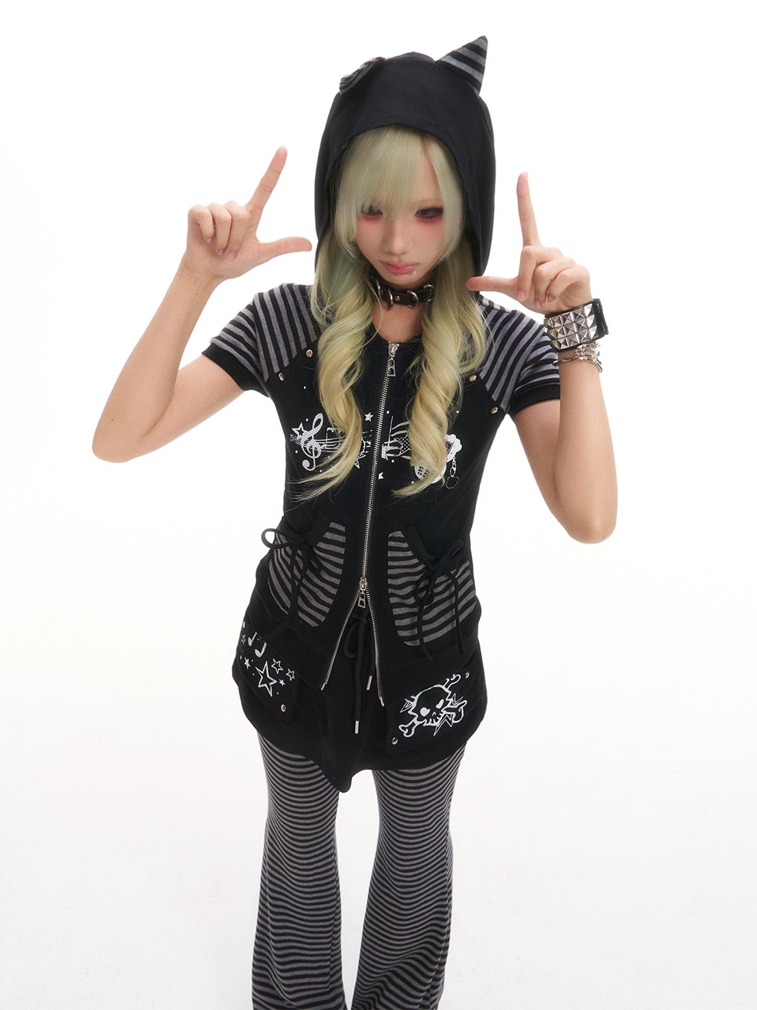 Frustration Garden Retro Striped Patchwork Cat Ear Hooded Zipper Women&