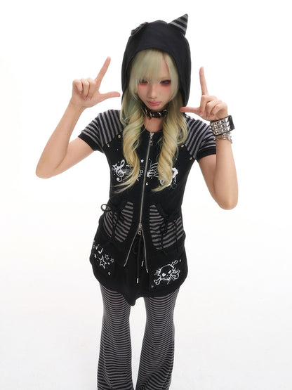 Frustration Garden Retro Striped Patchwork Cat Ear Hooded Zipper Women&
