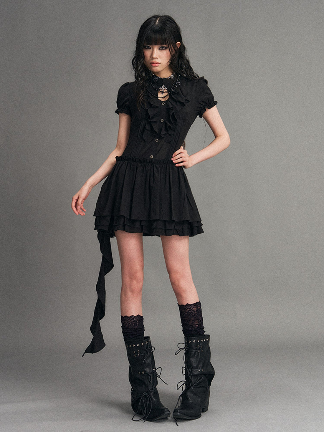 Frustration Garden Ruffled Patchwork Dark Punk Puff Sleeve Women&