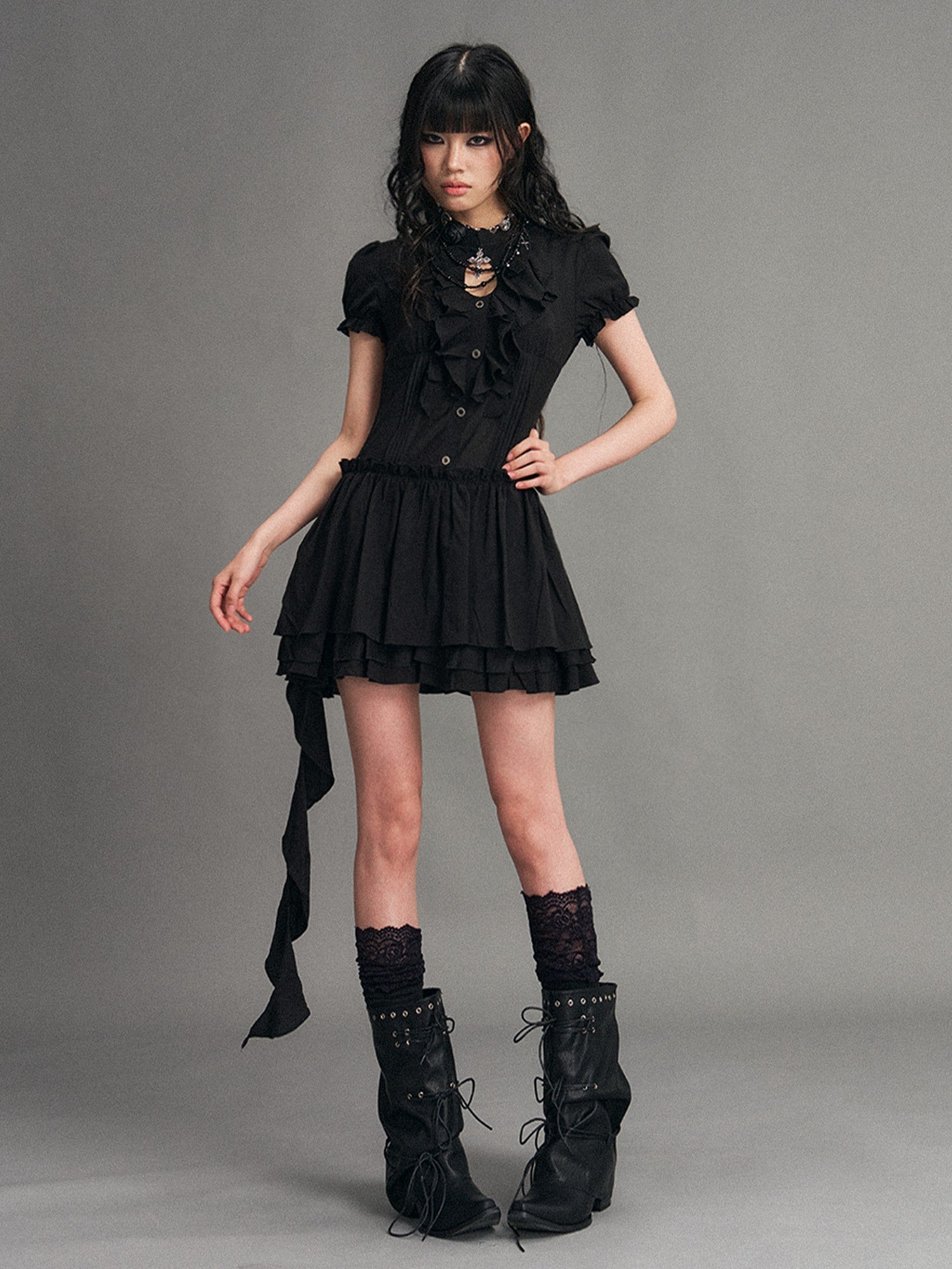 Frustration Garden Ruffled Patchwork Dark Punk Puff Sleeve Women&