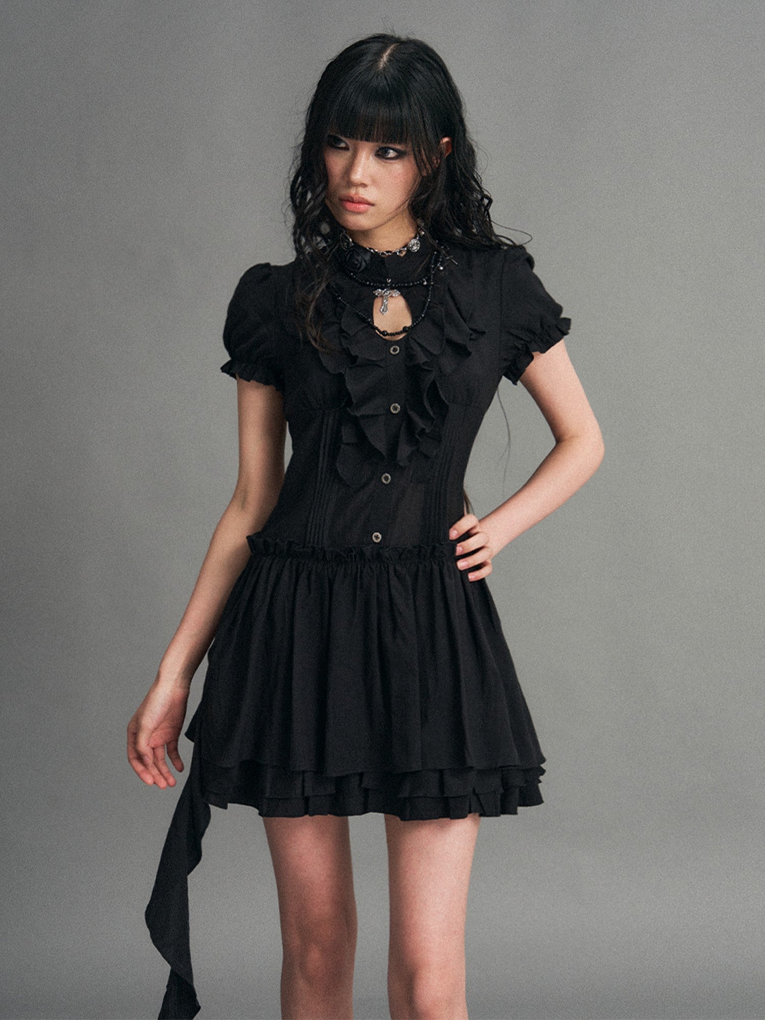 Frustration Garden Ruffled Patchwork Dark Punk Puff Sleeve Women&