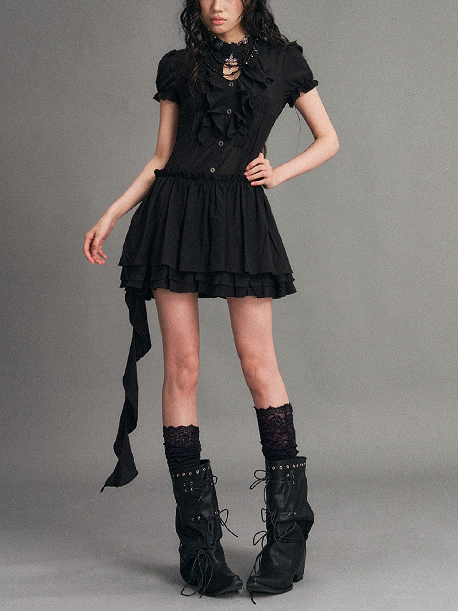 Frustration Garden Ruffled Patchwork Dark Punk Puff Sleeve Women&