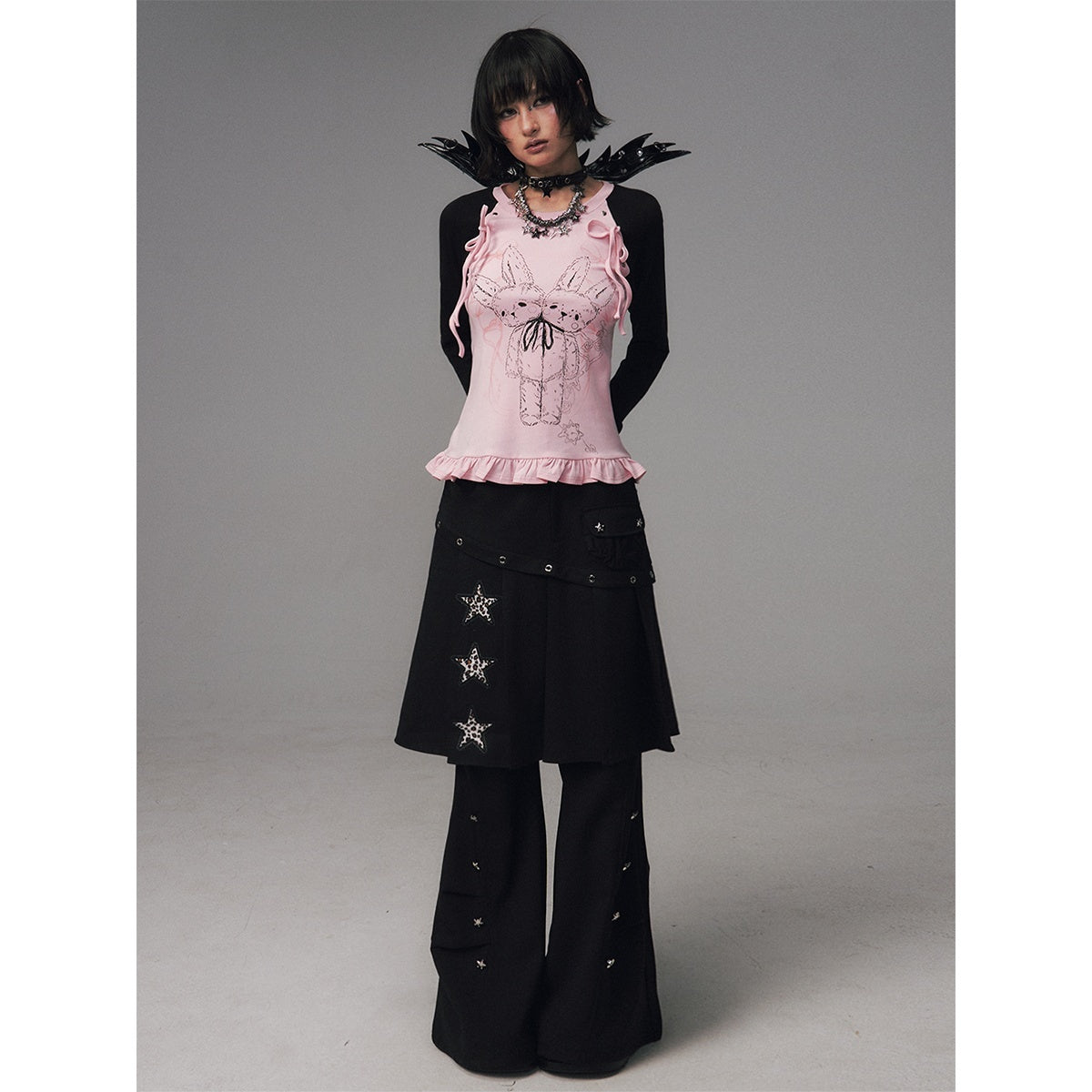 Frustration_Garden_Star_Print_Asymmetric_Pleated_Faux_Two_Piece_Metal_Trim_Women&