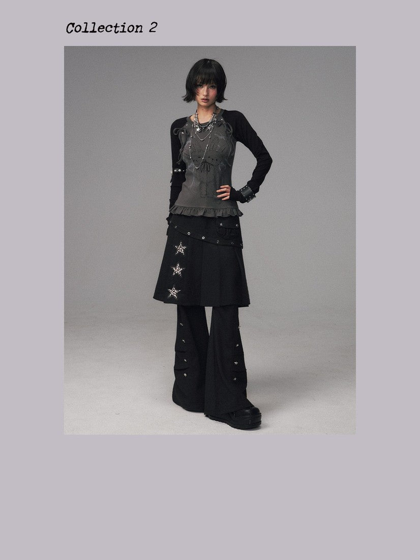 Frustration Garden Star Print Asymmetric Pleated Faux Two Piece Metal Trim Women&