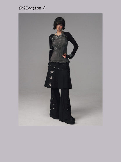 Frustration Garden Star Print Asymmetric Pleated Faux Two Piece Metal Trim Women&