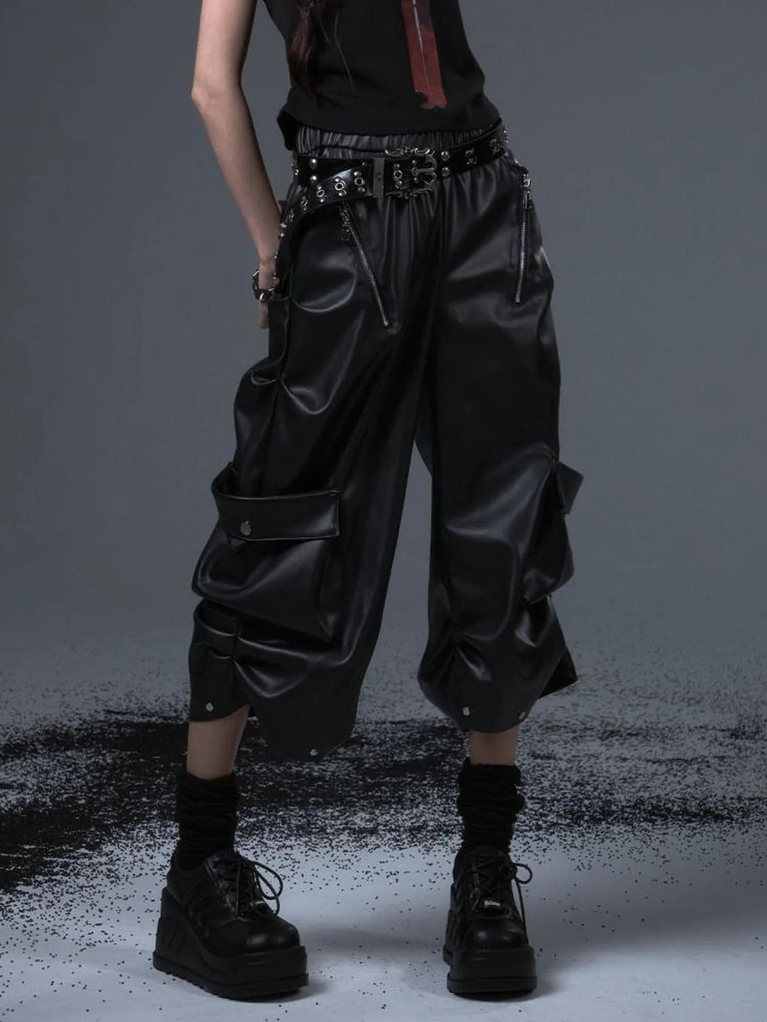 Frustration Garden Street Punk Baggy Pu Cargo Cropped Trousers