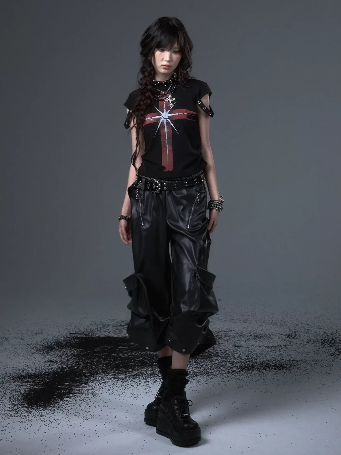 Frustration Garden Street Punk Baggy Pu Cargo Cropped Trousers