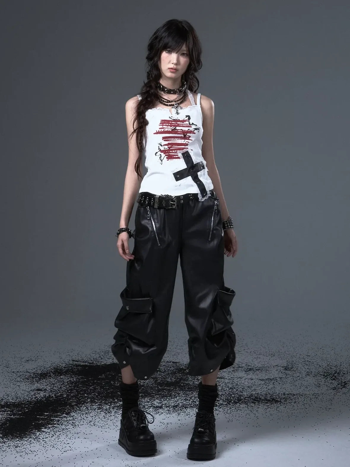 Frustration Garden Street Punk Baggy Pu Cargo Cropped Trousers
