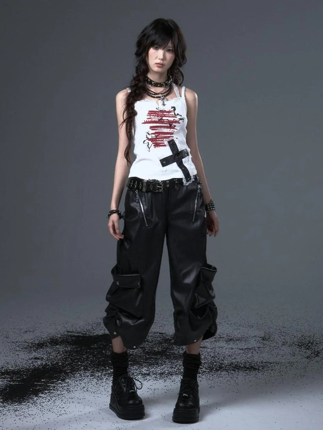 Frustration Garden Street Punk Baggy Pu Cargo Cropped Trousers