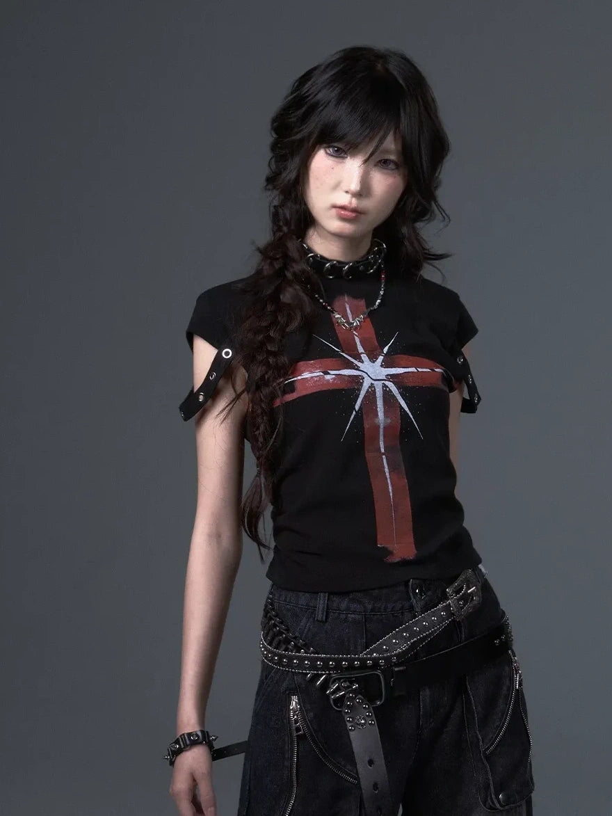 Frustration Garden Street Punk Cross Print Cropped Tee