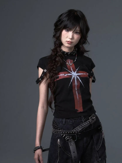 Frustration Garden Street Punk Cross Print Cropped Tee