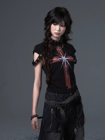 Frustration Garden Street Punk Cross Print Cropped Tee