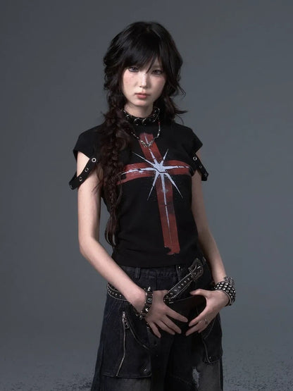 Frustration Garden Street Punk Cross Print Cropped Tee