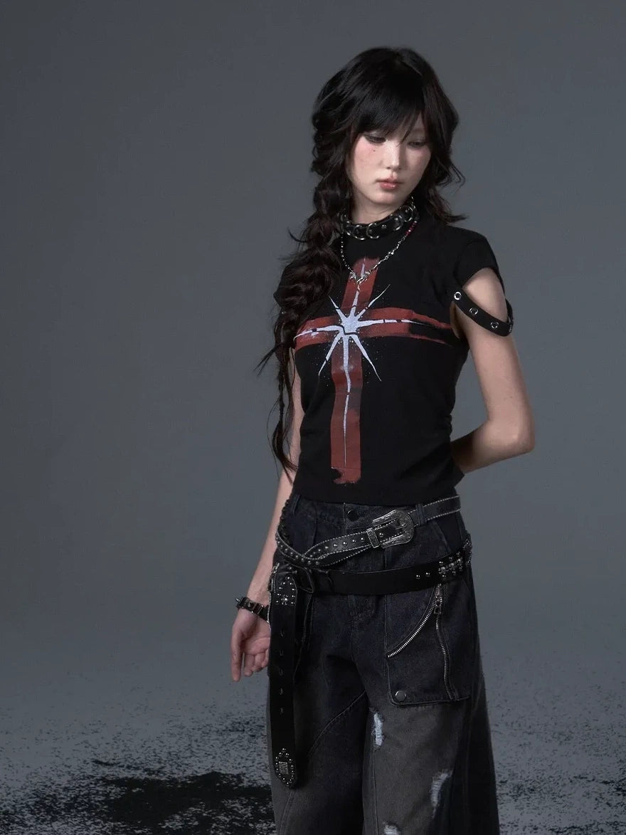 Frustration Garden Street Punk Cross Print Cropped Tee