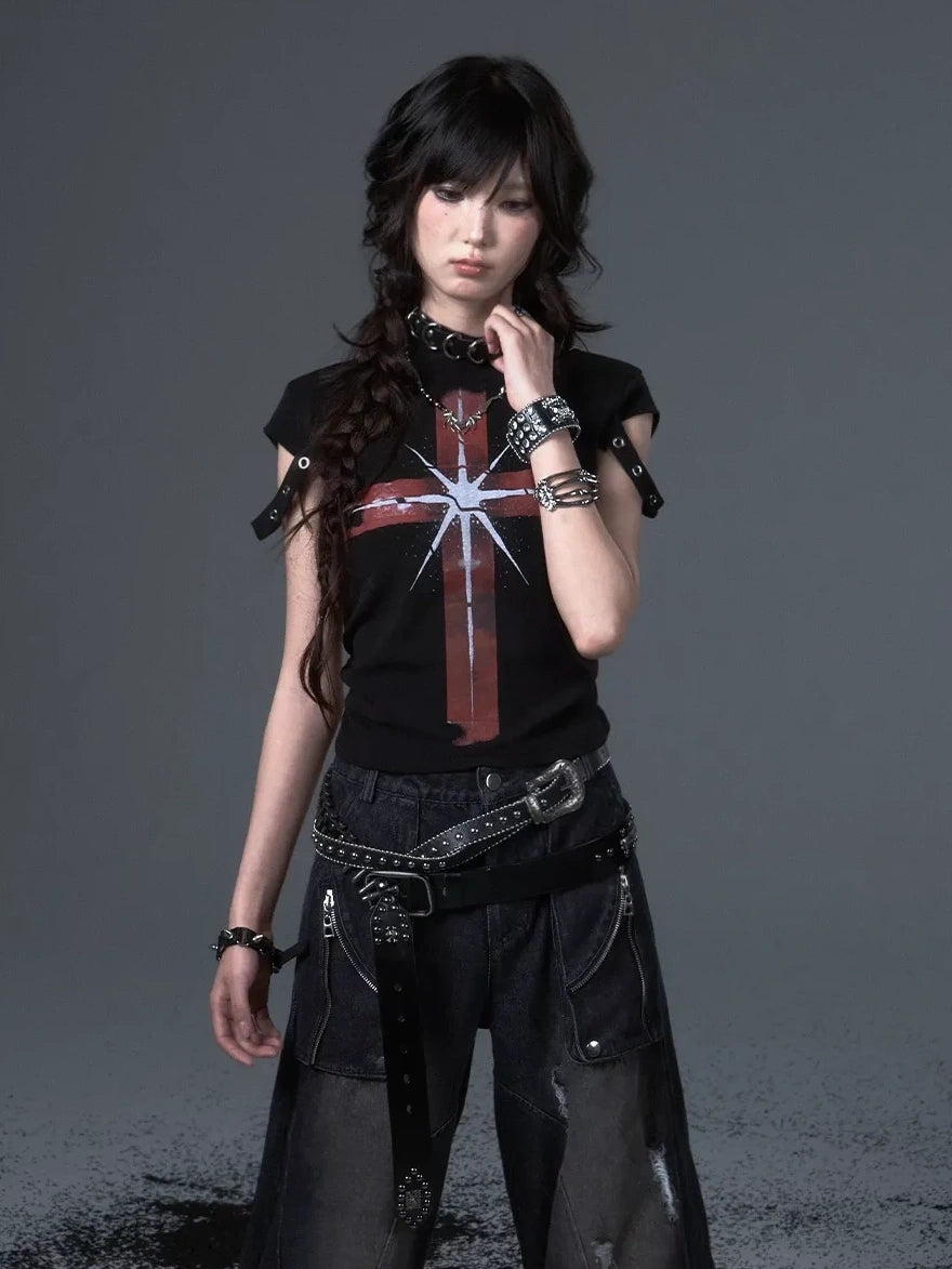 Frustration Garden Street Punk Cross Print Cropped Tee