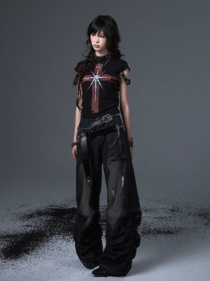 Frustration Garden Street Punk Cross Print Cropped Tee