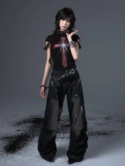 Frustration Garden Street Punk Cross Print Cropped Tee