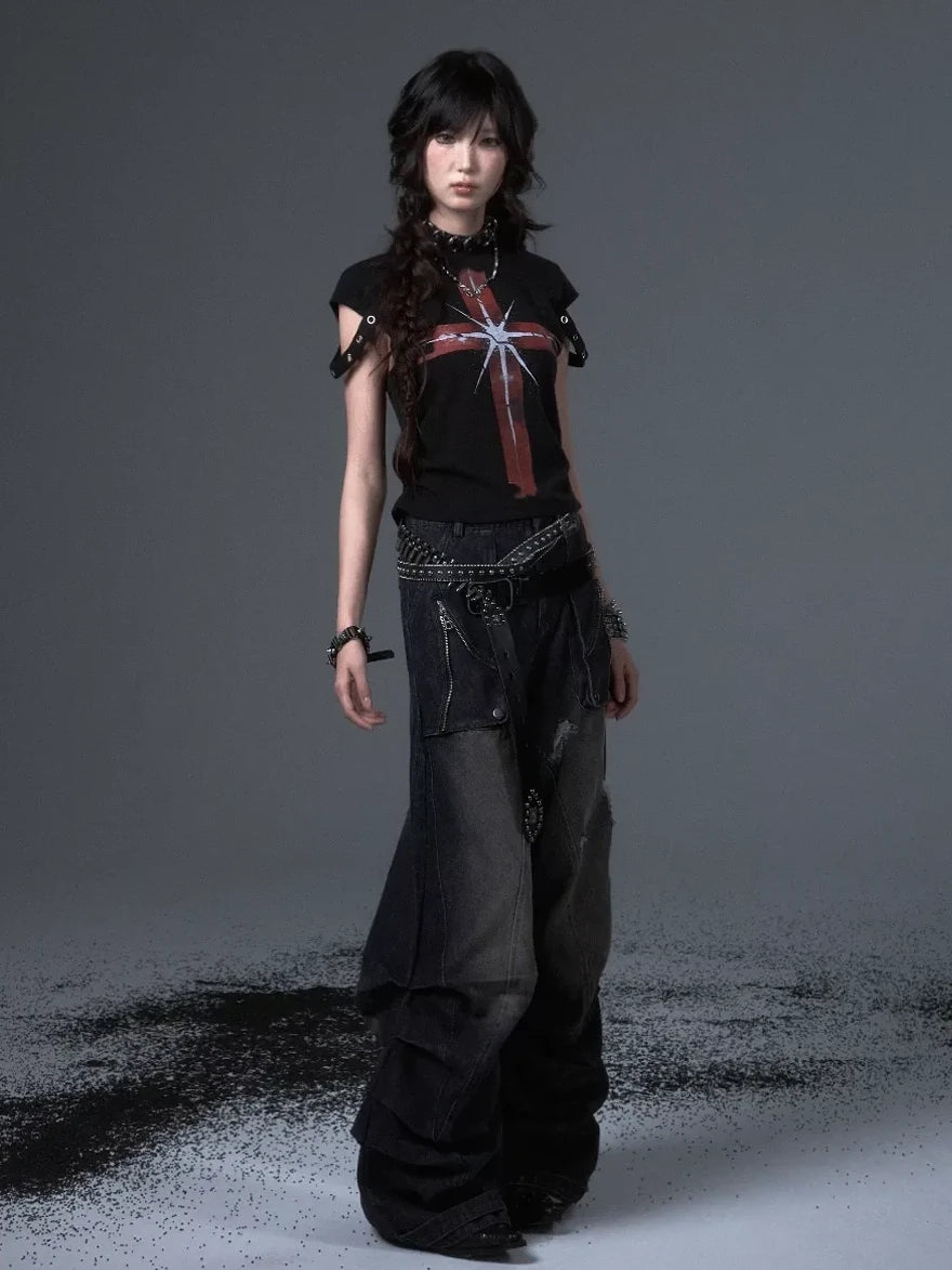 Frustration Garden Street Punk Cross Print Cropped Tee