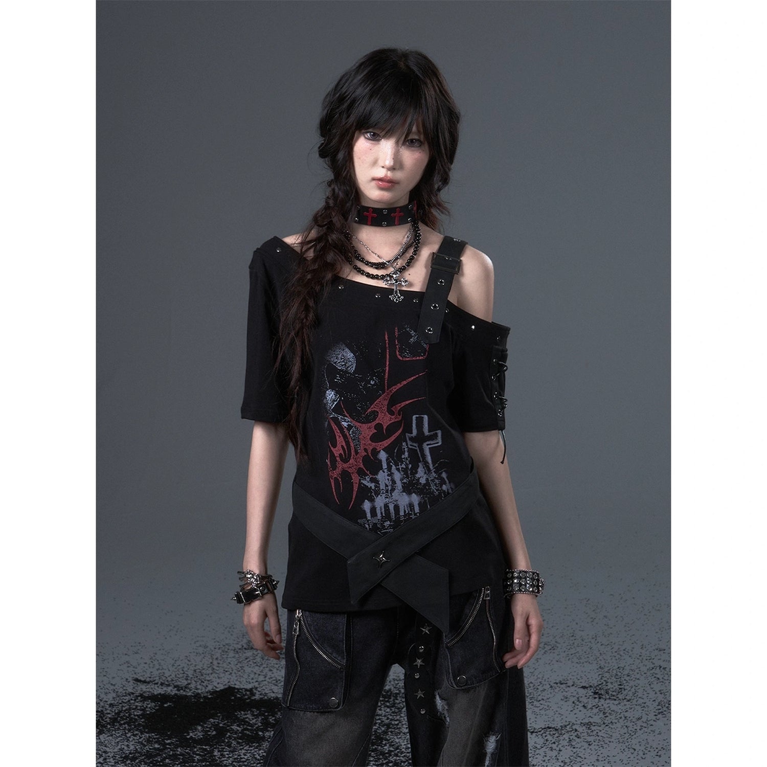 Frustration_Garden_Street_Punk_Light_Pu_Print_Drop_Shoulder_Belted_Loose_T-shirt_MISSTT