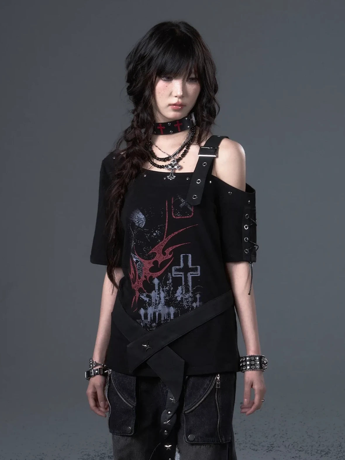 Frustration Garden Street Punk Light Pu Print Drop Shoulder Belted Loose T-shirt