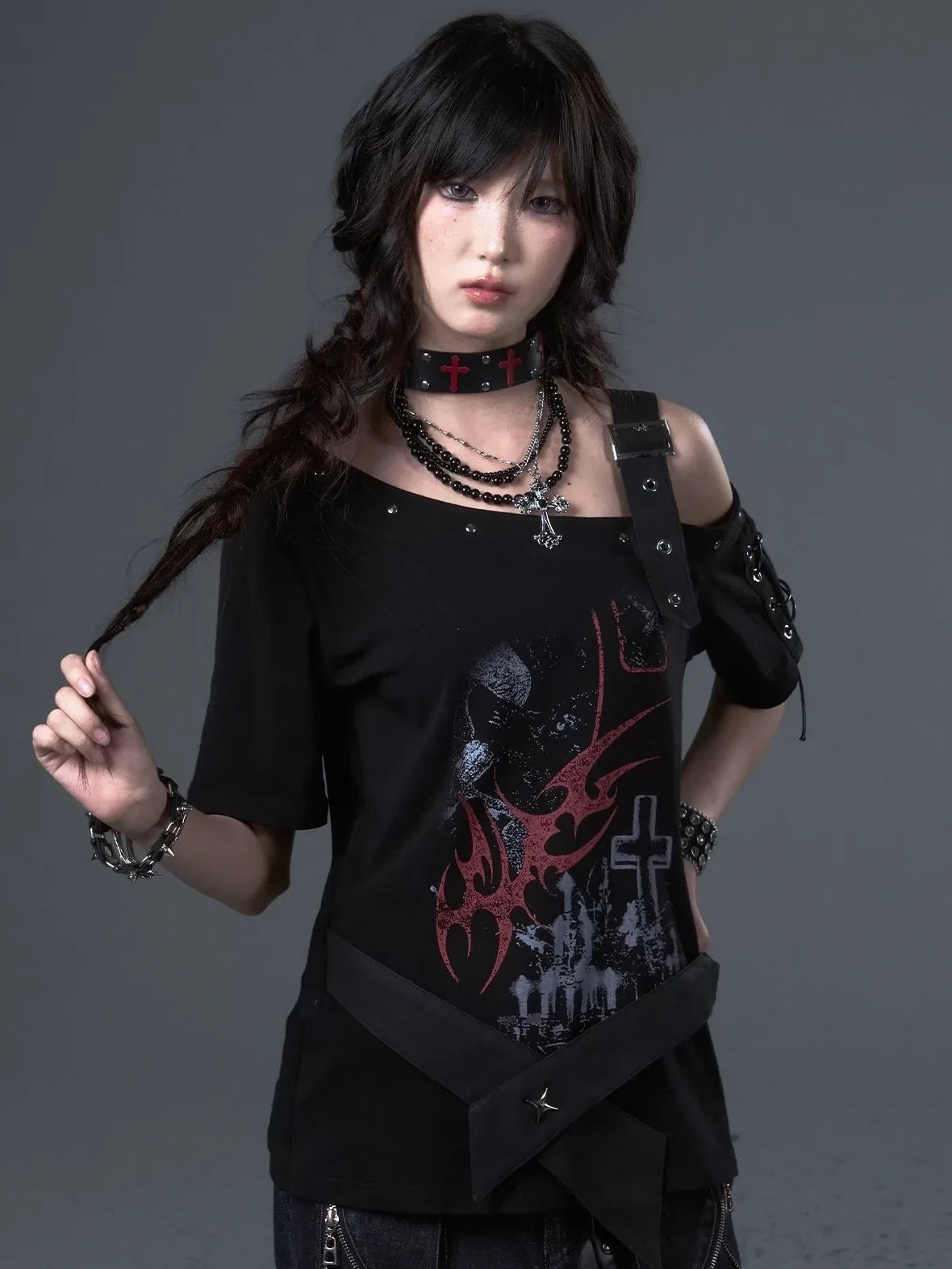 Frustration Garden Street Punk Light Pu Print Drop Shoulder Belted Loose T-shirt