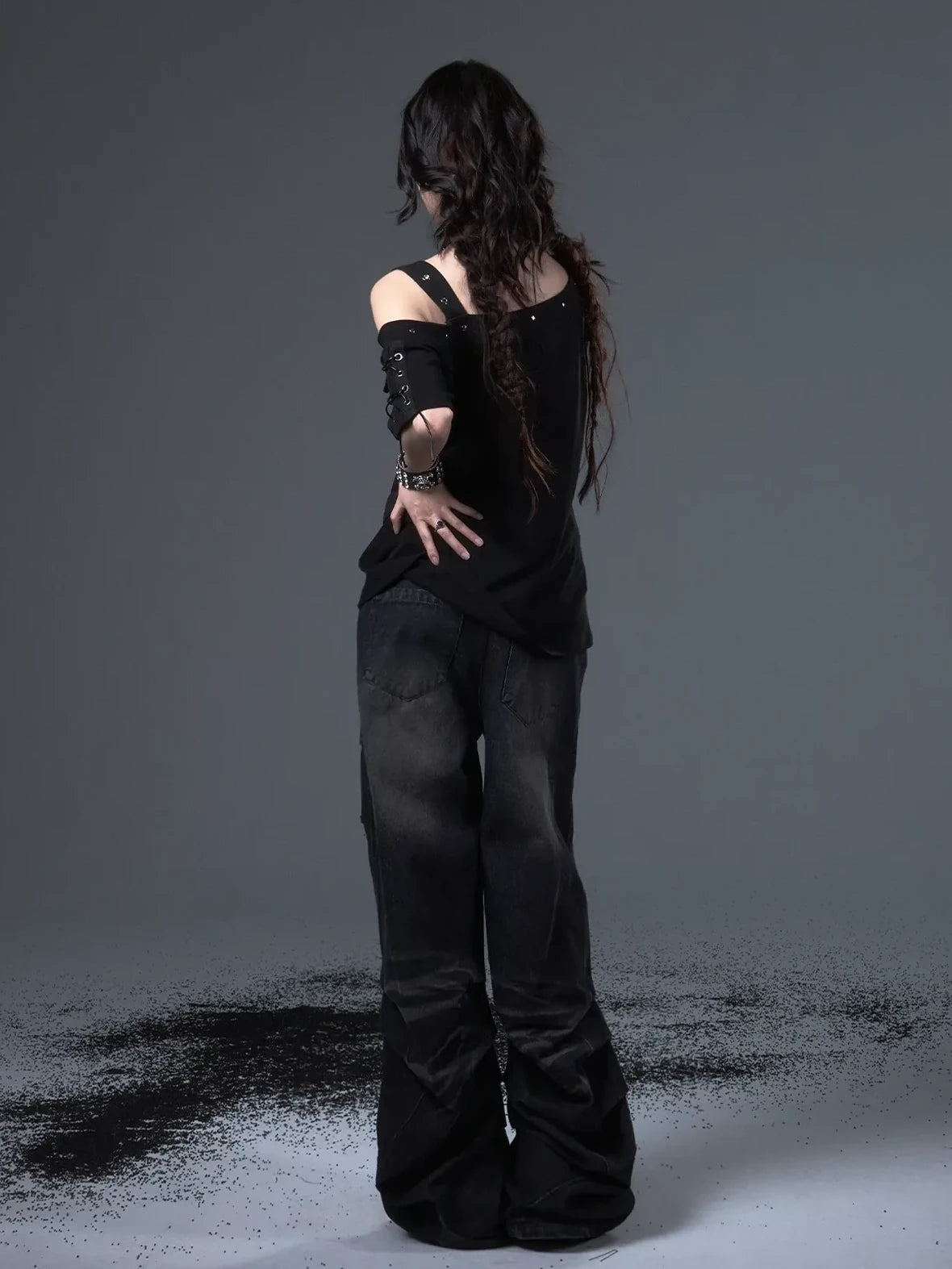 Frustration Garden Street Punk Light Pu Print Drop Shoulder Belted Loose T-shirt