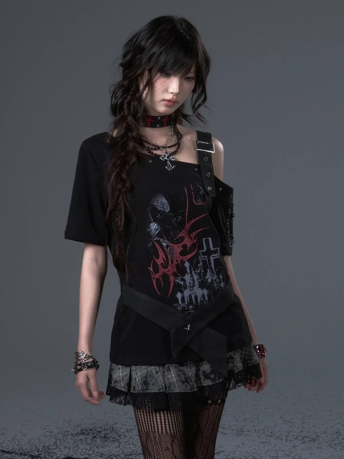 Frustration Garden Street Punk Light Pu Print Drop Shoulder Belted Loose T-shirt