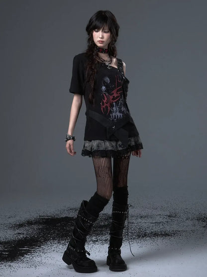 Frustration Garden Street Punk Light Pu Print Drop Shoulder Belted Loose T-shirt