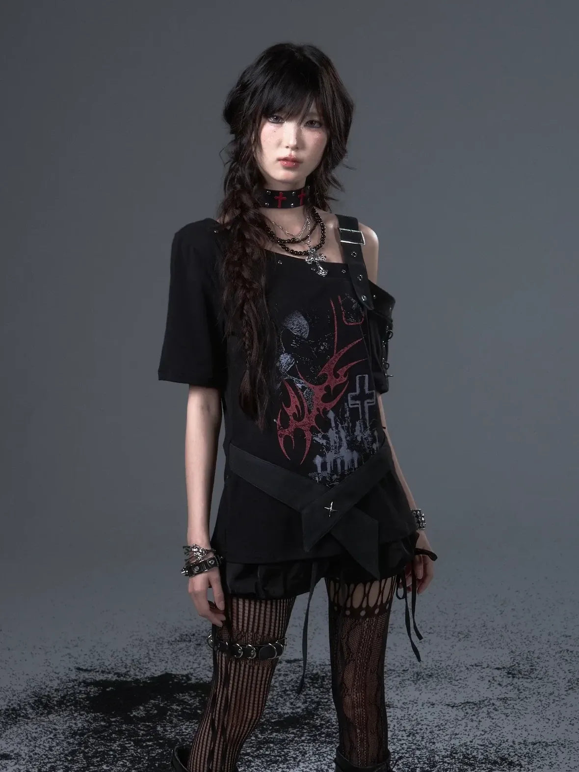 Frustration Garden Street Punk Light Pu Print Drop Shoulder Belted Loose T-shirt