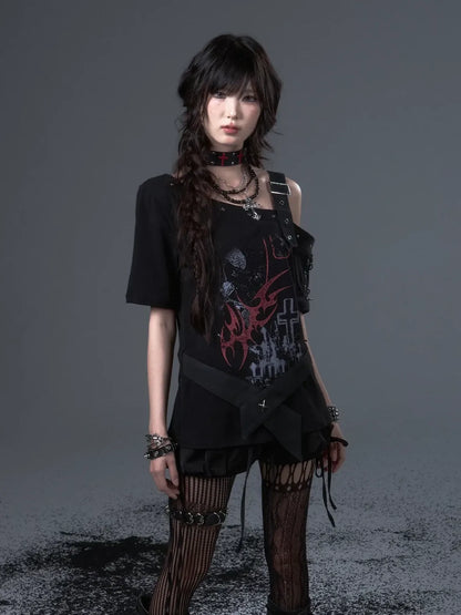 Frustration Garden Street Punk Light Pu Print Drop Shoulder Belted Loose T-shirt