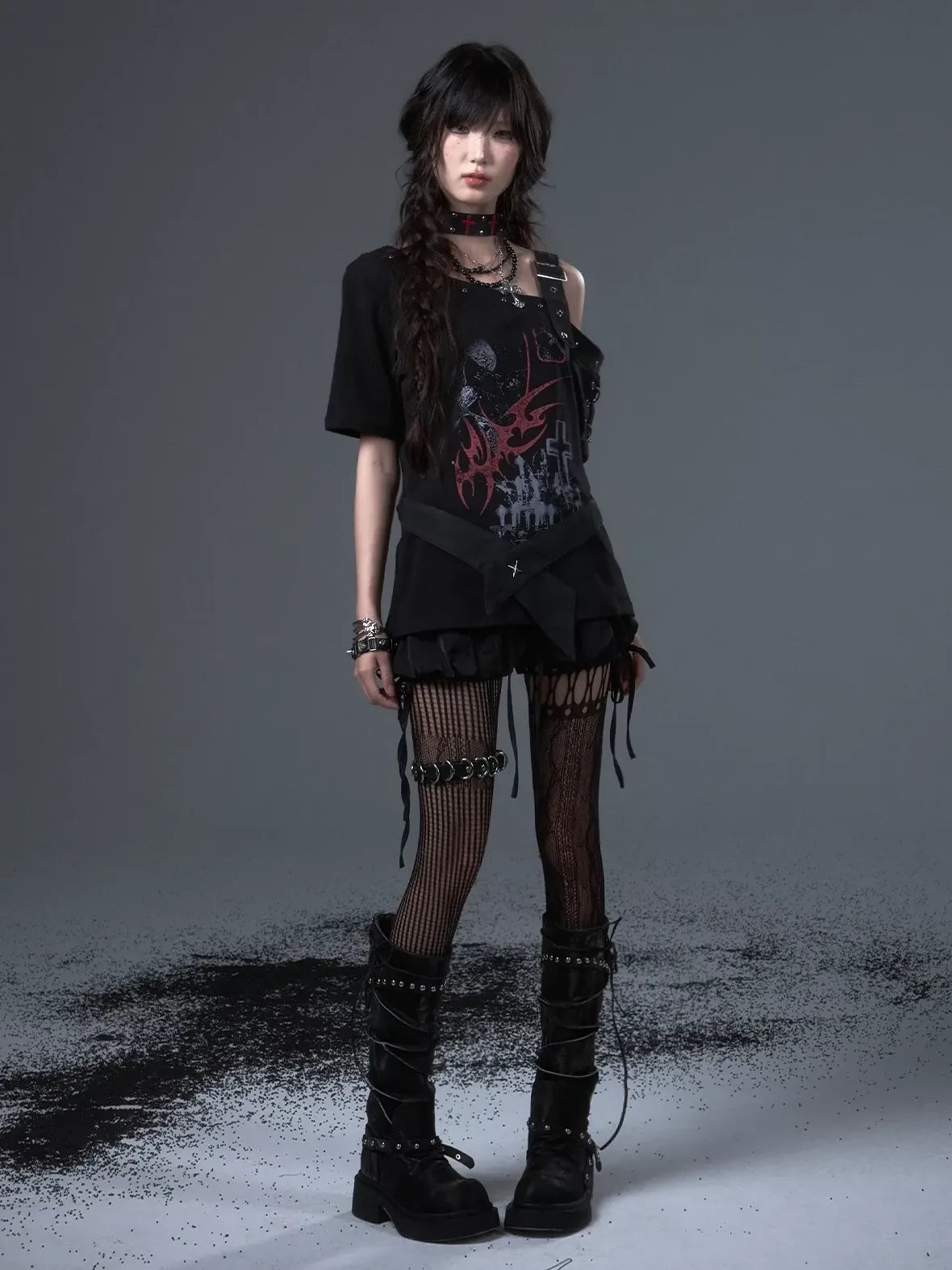 Frustration Garden Street Punk Light Pu Print Drop Shoulder Belted Loose T-shirt