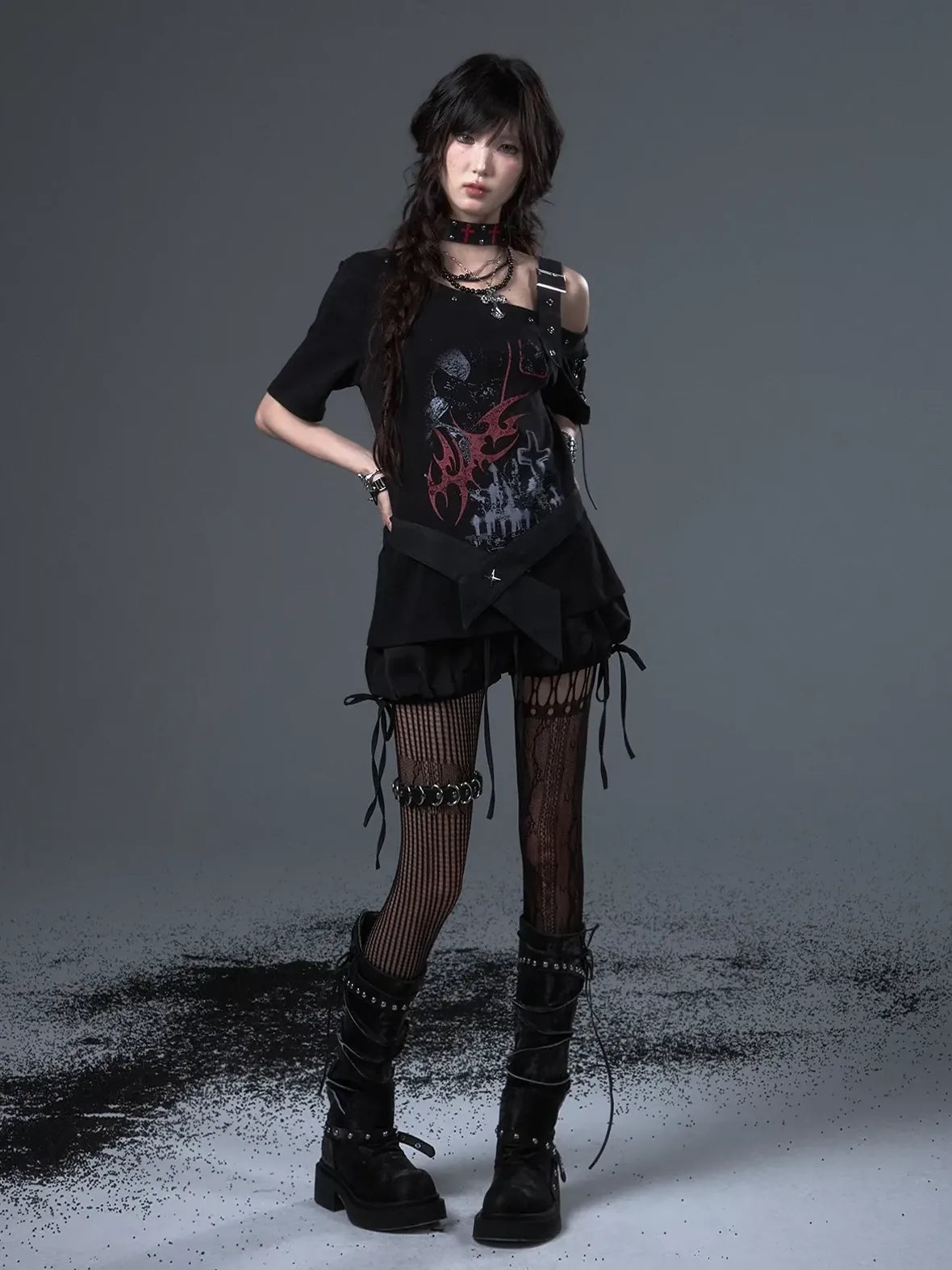 Frustration Garden Street Punk Light Pu Print Drop Shoulder Belted Loose T-shirt