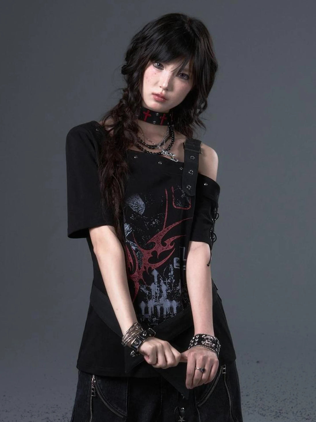 Frustration Garden Street Punk Light Pu Print Drop Shoulder Belted Loose T-shirt