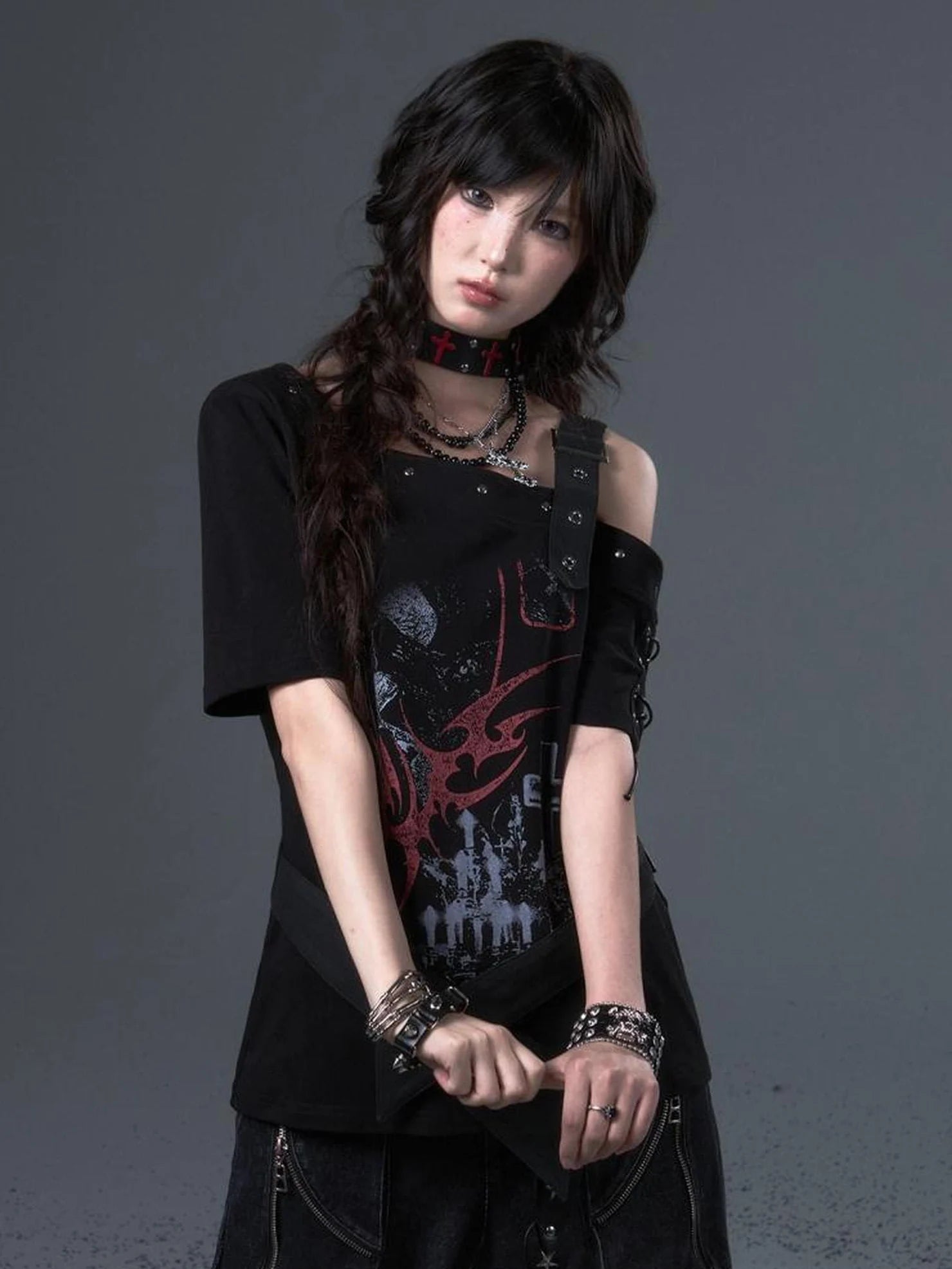 Frustration Garden Street Punk Light Pu Print Drop Shoulder Belted Loose T-shirt