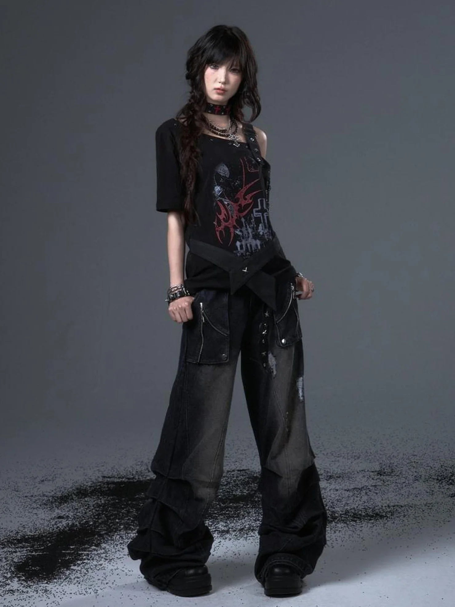 Frustration Garden Street Punk Light Pu Print Drop Shoulder Belted Loose T-shirt