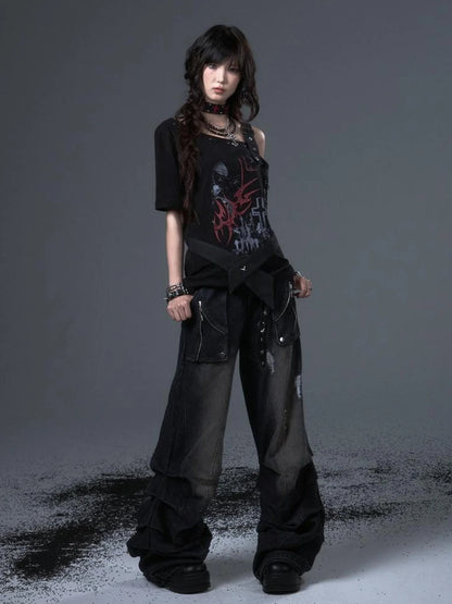 Frustration Garden Street Punk Light Pu Print Drop Shoulder Belted Loose T-shirt