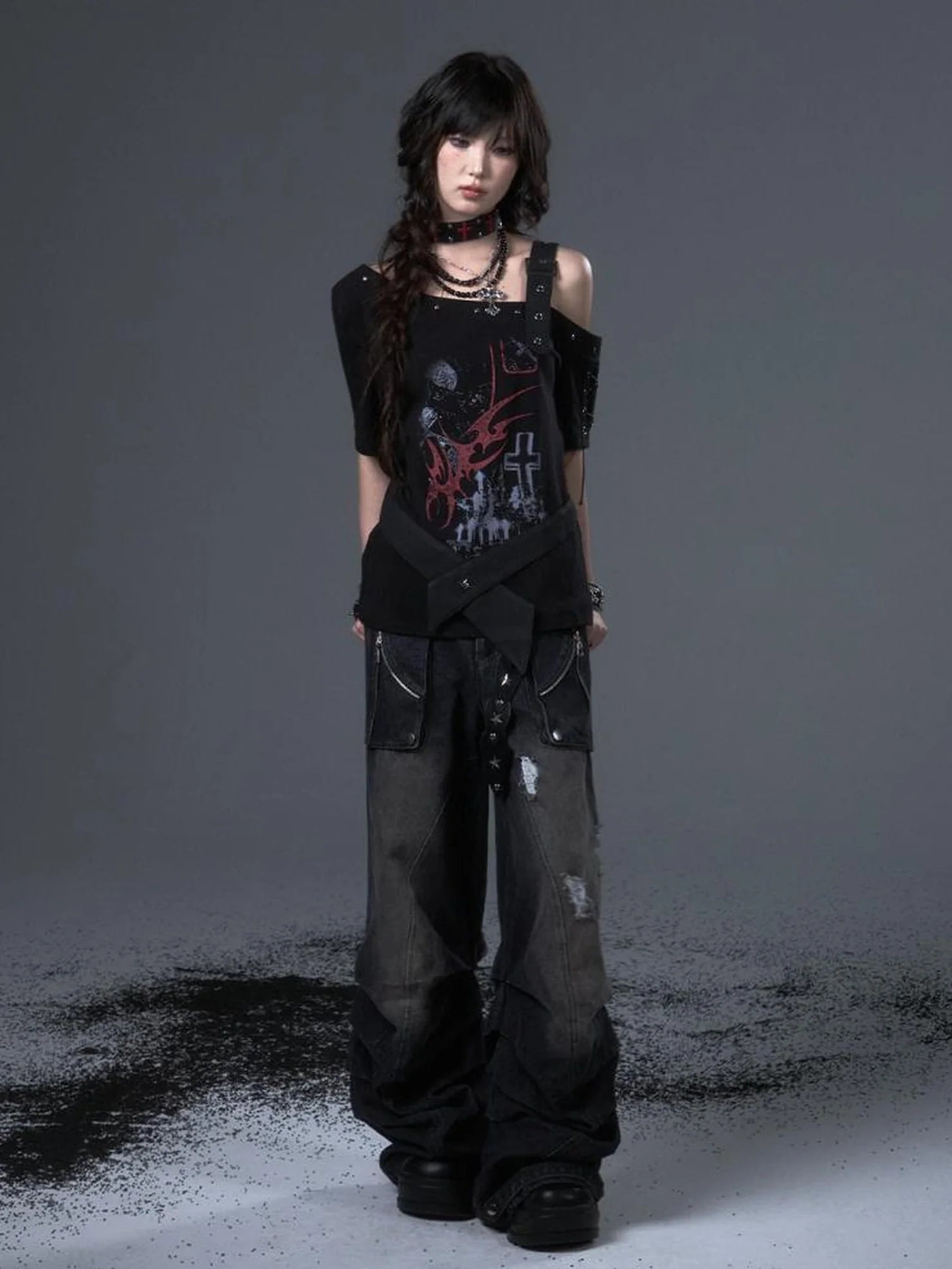 Frustration Garden Street Punk Light Pu Print Drop Shoulder Belted Loose T-shirt