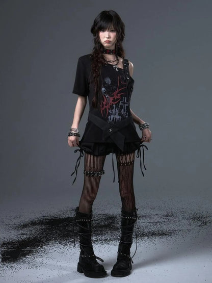 Frustration Garden Street Punk Light Pu Print Drop Shoulder Belted Loose T-shirt