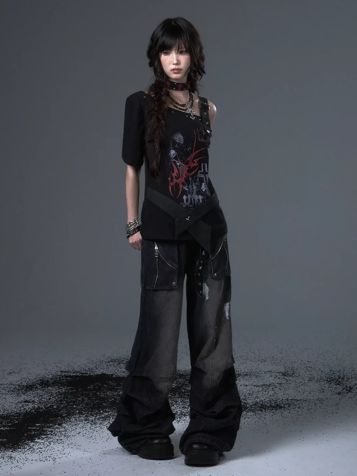 Frustration Garden Street Punk Light Pu Print Drop Shoulder Belted Loose T-shirt