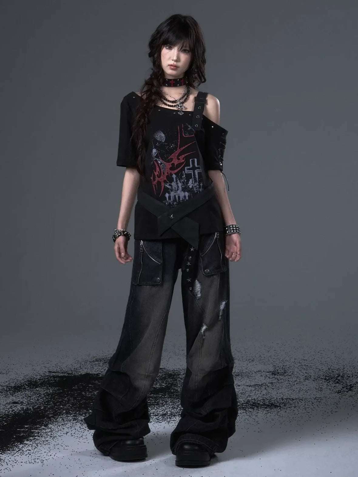 Frustration Garden Street Punk Light Pu Print Drop Shoulder Belted Loose T-shirt