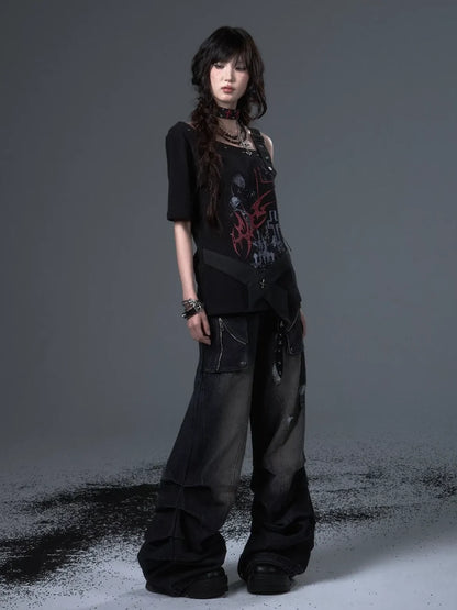 Frustration Garden Street Punk Light Pu Print Drop Shoulder Belted Loose T-shirt