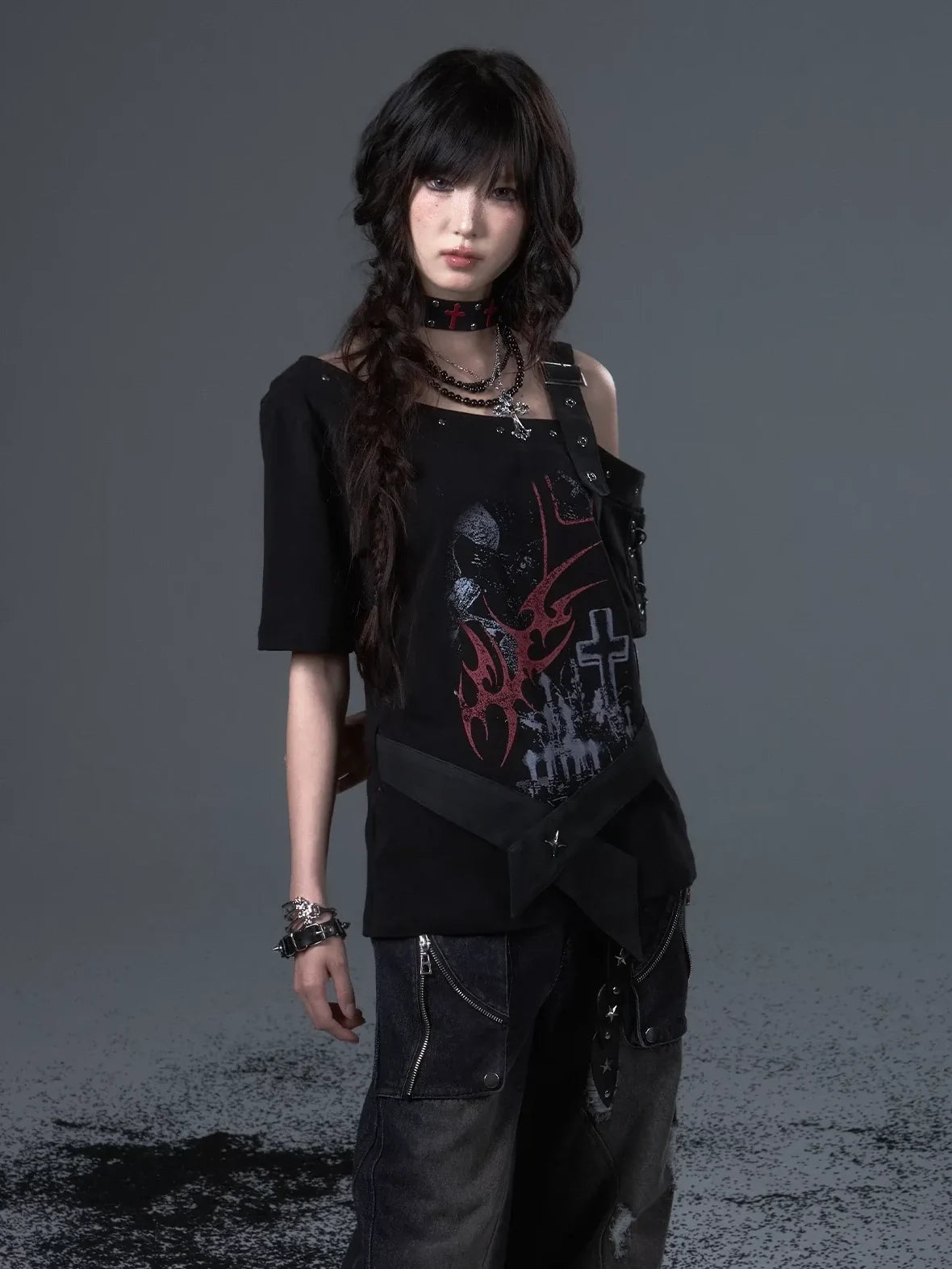 Frustration Garden Street Punk Light Pu Print Drop Shoulder Belted Loose T-shirt