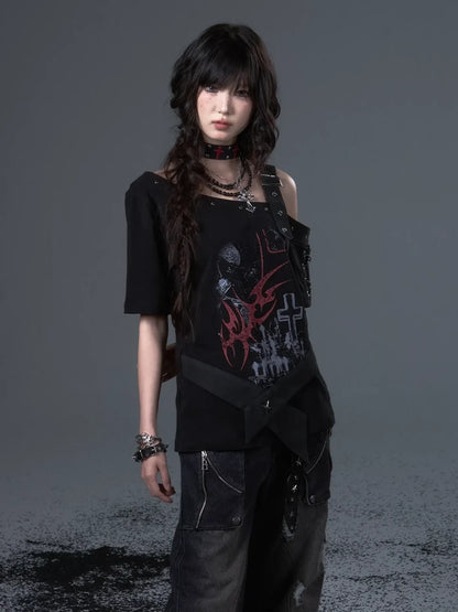 Frustration Garden Street Punk Light Pu Print Drop Shoulder Belted Loose T-shirt