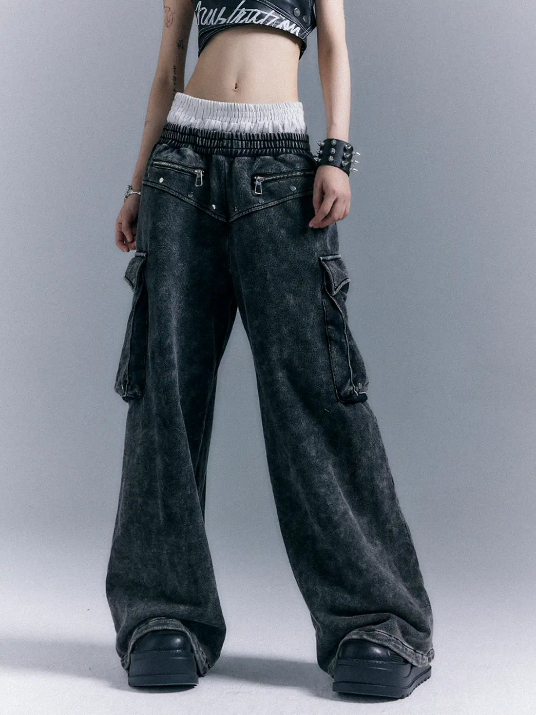 Frustration Garden Street Punk Washed Double Waistband Cargo Sweatpants