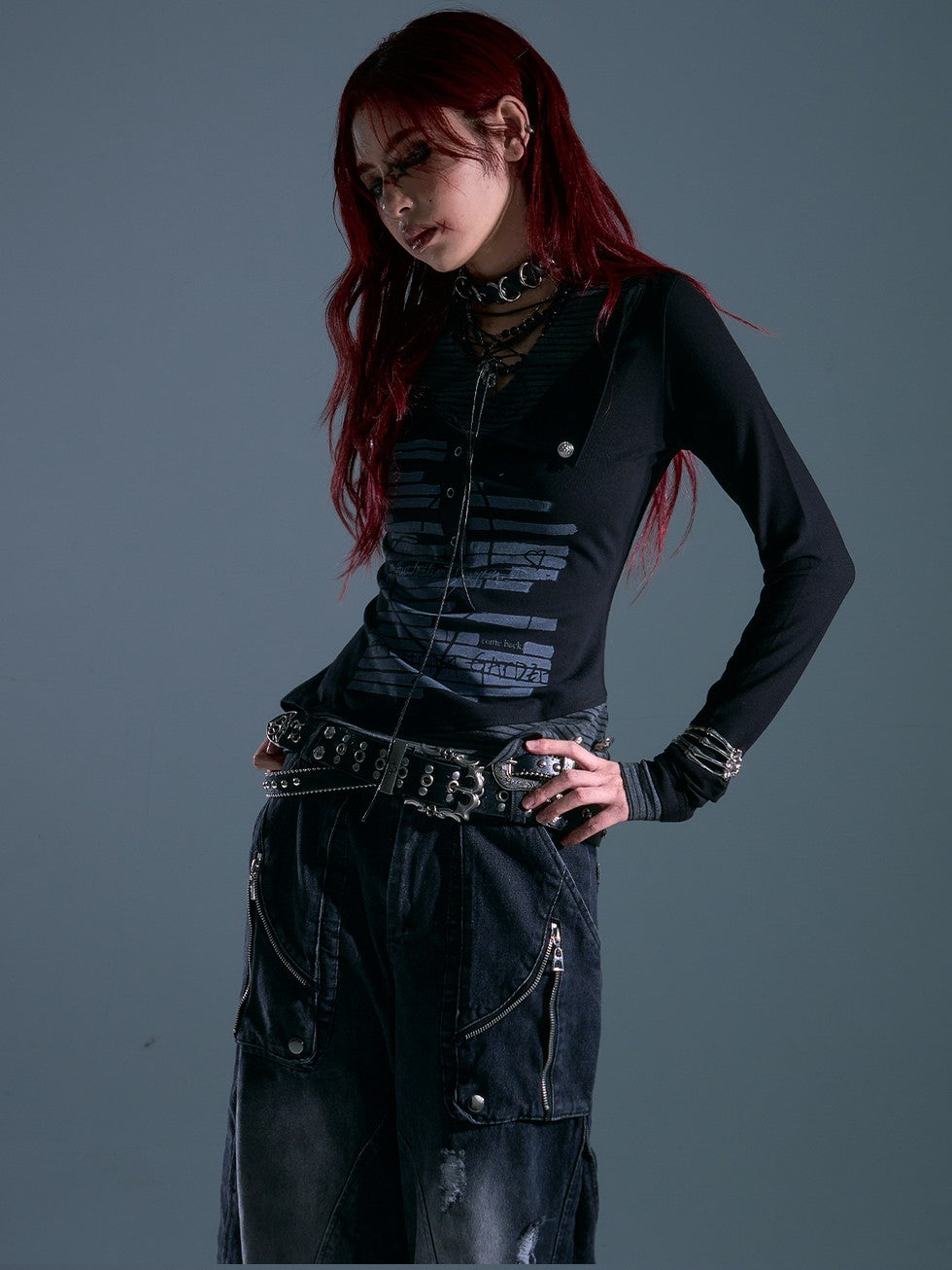 Frustration Garden Striped Rivet Tie Faux Asymmetrical Punk Women&